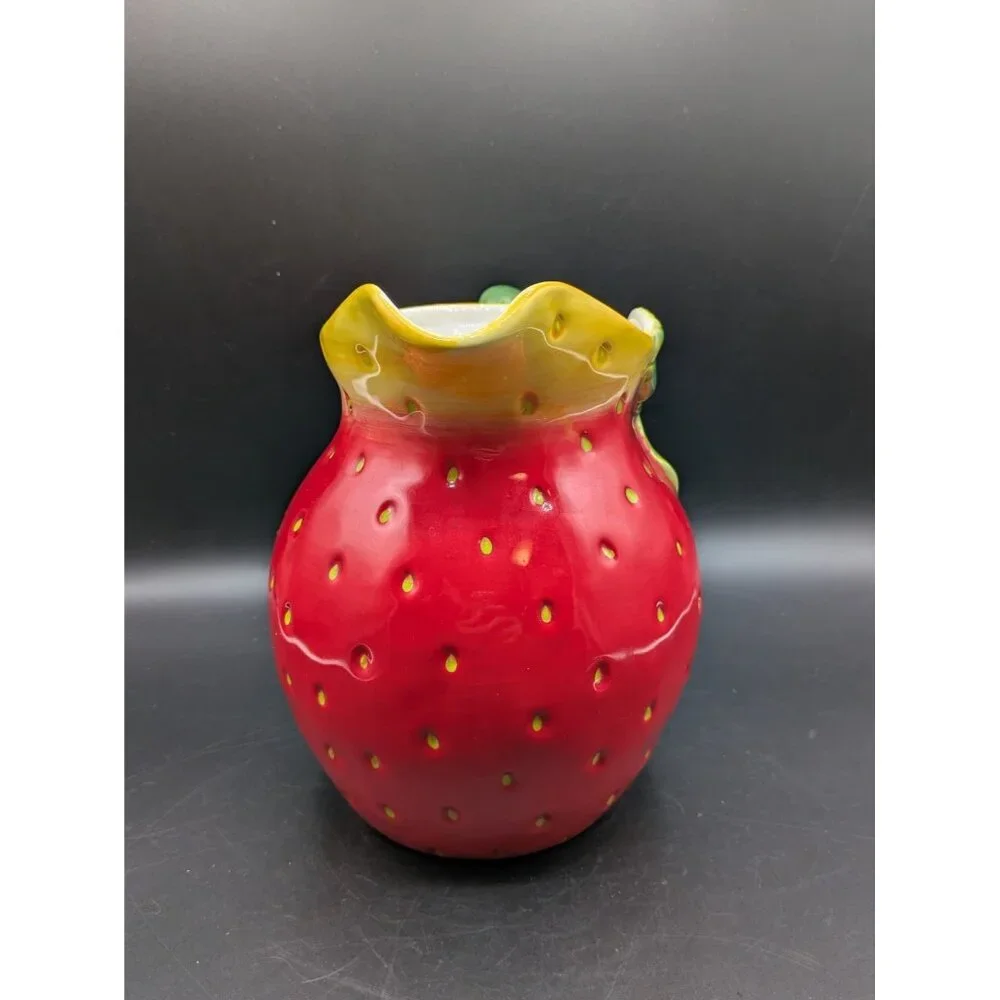 Sur La Table Ceramic Strawberry Shaped Pitcher Water Lemonade Red Green 7.5